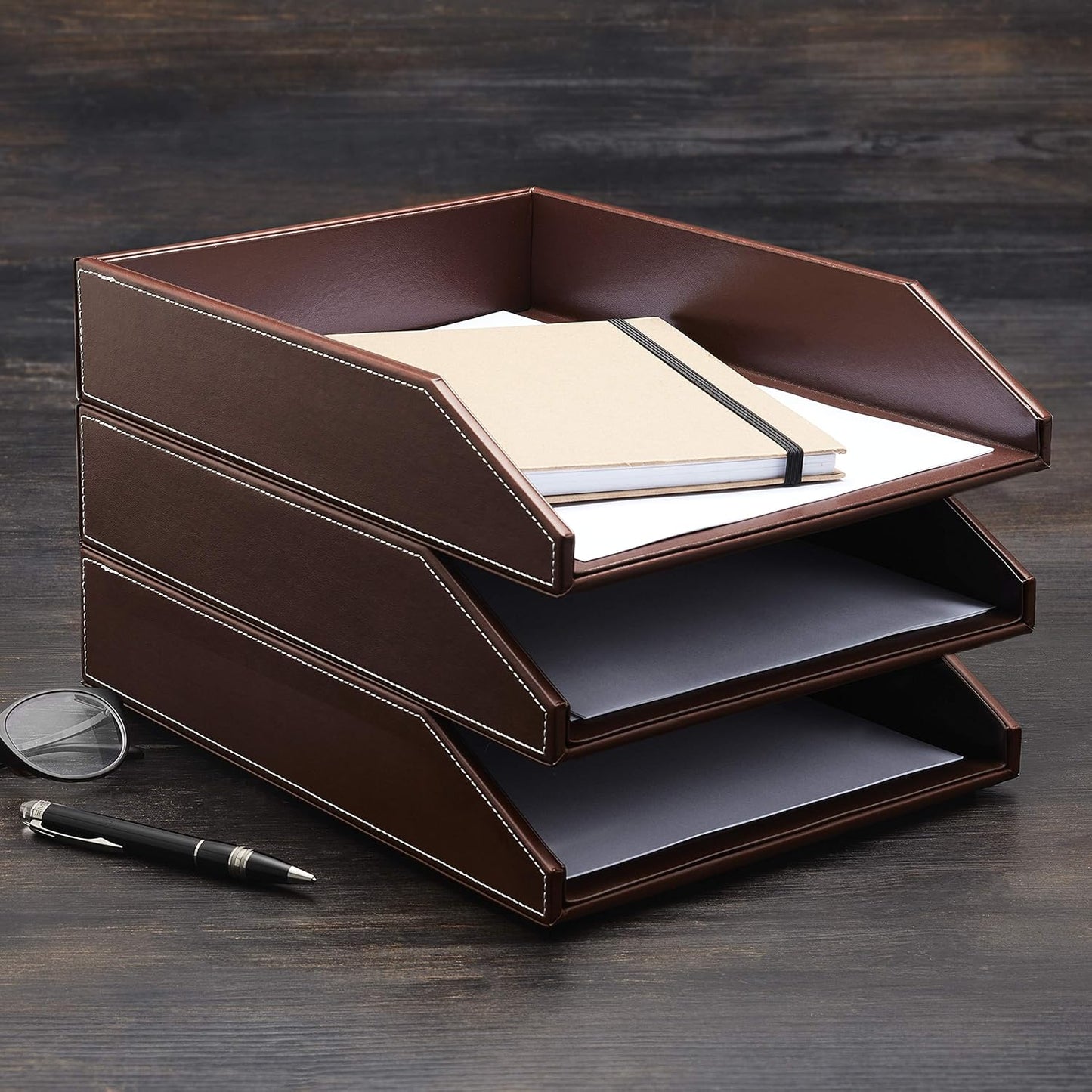 Letter Tray Desk Organizer - Paper Tray for Desk,Premium PU Leather Tray Perfect for Office Organization, Document Holder Fits A4 Paper, Stackable Drawers for Extra Desk Storage.